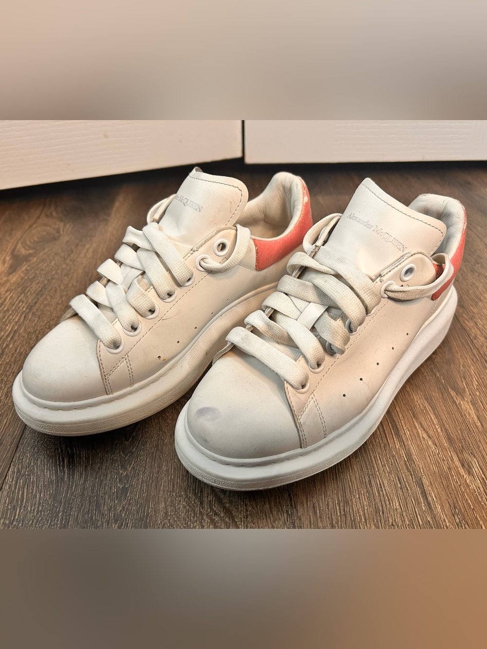 Alexander McQueen White Leather Women’s Size 38 Sneakers Coral Heel Accent